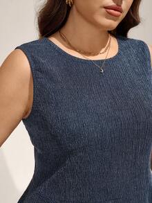 Comfylo 大码无袖纯色露脐上衣和裤子两件套 - 藏蓝色 - 查看 2