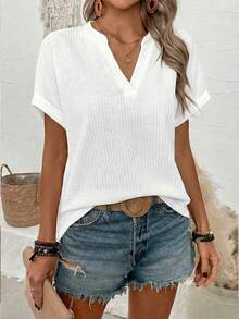 Selamara New Fashionable Casual Basic V-Neck Cuffed Sleeve Women T-Shirt - White - View 1