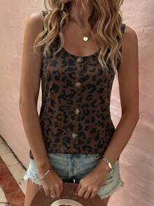 Selamara New Fashion Women Floral Leopard Print Round Neck Button Tank Top - Multicolor - View 6
