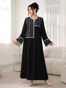 Al Najma New Middle Eastern Style Blend Printed Patchwork Bohemian Long Tunic - Black - View 3