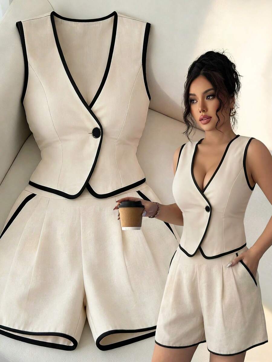 Selianne Bộ trang phục thanh lịch dành cho nữ, gồm áo blazer không tay dáng ôm màu kaki và đen giả vải lanh, kết hợp cùng quần short dáng ôm màu kaki có túi, thích hợp cho kỳ nghỉ. - Màu Khaki - Xem 1