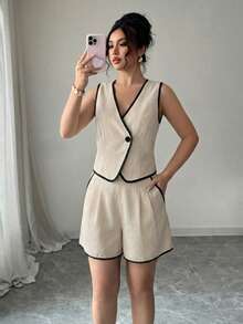 Selianne Bộ trang phục thanh lịch dành cho nữ, gồm áo blazer không tay dáng ôm màu kaki và đen giả vải lanh, kết hợp cùng quần short dáng ôm màu kaki có túi, thích hợp cho kỳ nghỉ. - Màu Khaki - Xem 4