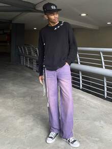 Ngobest Haus Ngobest Haus ANDREILEE 男士街头时尚设计手工系带下摆和袖口做旧流苏黑色极简长袖毛衣，休闲宽松圆领套头衫，适合春、秋、冬三季穿着。 - 黑色 - 查看 1