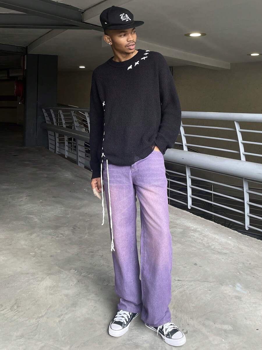 Ngobest Haus Ngobest Haus ANDREILEE 男士街头时尚设计手工系带下摆和袖口做旧流苏黑色极简长袖毛衣，休闲宽松圆领套头衫，适合春、秋、冬三季穿着。 - 黑色 - 查看 1