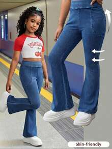 Tween Girls' Casual Elastic Waist Flare Leg Jeans - Medium Wash - View 1