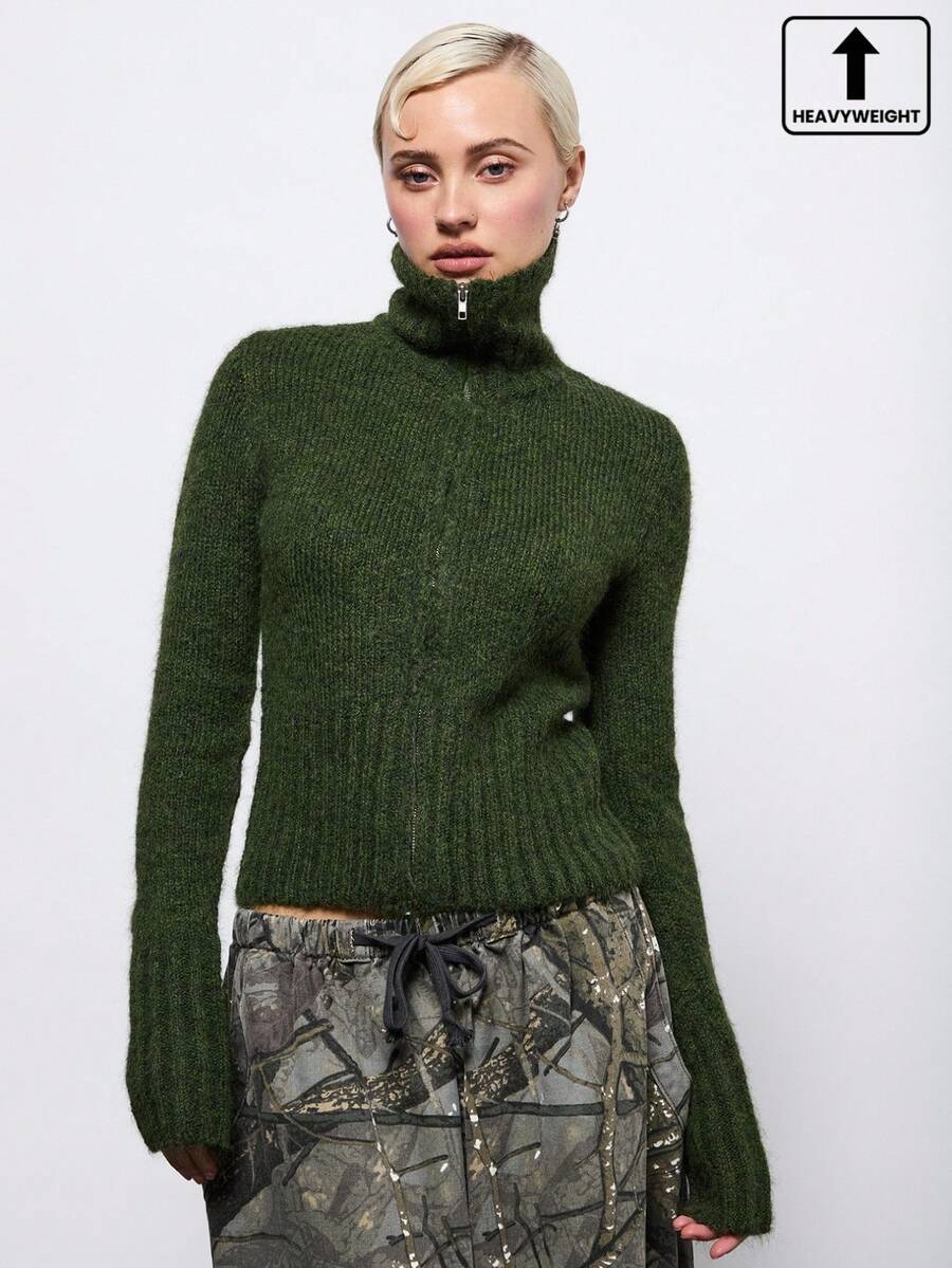 COUREZ Áo khoác cổ cao có khóa kéo, màu xanh lá cây phong cách Y2K mùa thu đông, áo cardigan đón năm mới. - Màu xanh Ô liu - Xem 1