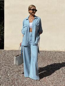 DAZY Women's Collared Short Sleeve Cinched Waist Waist Denim Shirt And Loose Fit Long Pants Vacation & Casual Denim Set - Light Wash - View 2