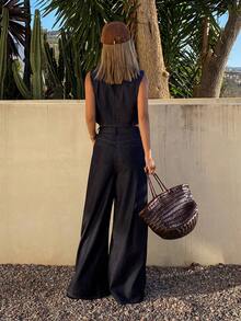 DAZY Women's Round Neck Sleeveless Open Front Denim Vest And Loose Straight Leg Jeans Casual Denim Set - Dark Wash - View 4