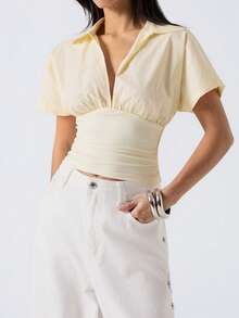 LYSMO 2026 New Arrive Minimalism Spring/Summer Women's Solid Batwing Sleeve Ruched Wide Hem Blouse - Light Yellow - View 4