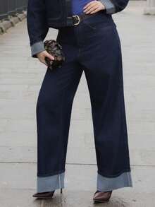 Elenary Edit 女士经典蓝色直筒裤，秋冬约会时尚之选 - 寶藍色 - 查看 4