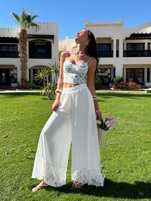 EURMUSE Women's Elastic Waist Contrast Lace Wide Leg Loose Pants, Suitable For Vacation - White - View 3