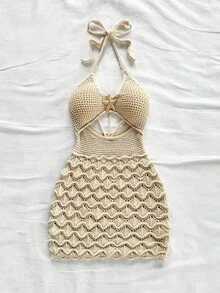 Soleia 大码性感吊带V领镂空金属海星紧身连衣裙，适合度假、约会、下午茶、假日、音乐节、波西米亚风、海滩度假、夏季等场合。 - 杏色 - 查看 4