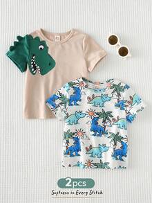 Cozy Pixies 2pcs Baby Boy Cartoon Dinosaur Pattern Knitted Soft Crew Neck Short Sleeve Pullover Outfit Set - Khaki - View 4