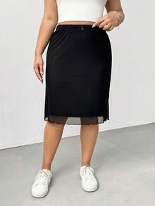 SHEIN Essnce 大码女装春夏时尚休闲弹力舒适日常百搭黑色中长裙，带小蝴蝶结，女式下装，夏季服装，曲线可爱服装，外出穿搭 - 黑色 - 查看 3