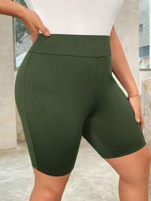 SHEIN Essnce Quần short đạp xe nữ cỡ lớn, kiểu dáng thường ngày, cạp chun, màu đen, thích hợp cho mùa hè. - xanh quân đội - Xem 3