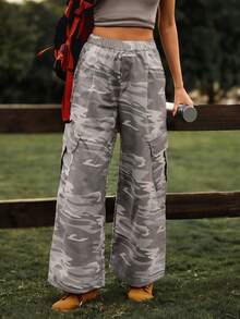 SHEIN Unity Women's Elastic Waist Loose Fit Multi-Pocket Camouflage Cargo Pants Women Cargos For Women Camouflage For Women Army Pants Parachute Pants For Women - Multicolor - View 1
