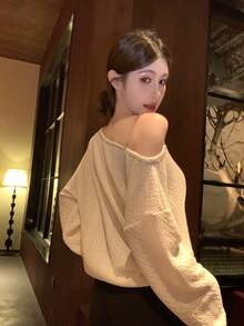 DAZY Women's Spicy Girl Asymmetrical Shoulder Top, Unique Design, Early Spring - White - View 2