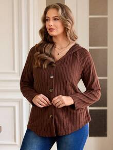 EMERY ROSE Plus Size Chocolate Brown Rib-Knit T-Shirt With Hooded Neckline,Long Raglan Sleeves,Button Detail Top Everyday Smart Casual Silky Autumn White Fall - Brown - View 5