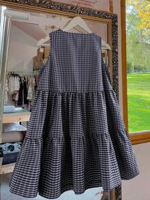 Sweetra Bow, Vacation, Summer Women Outfit, Autumn Japanese Sweet Cute Plaid Style Dress New Petite Preppy Style Reducing Age Slimming Princess Plaid Doll Dress Short Summer New Round Neck Bow Tie French Binding Loose Puff Cake Dress - Navy Blue - View 2