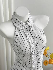 Elamini Women's Polka Dot Sleeveless Shirt Collar Frill Trim Cropped Blouse - Black and White - View 4