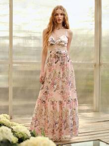 MOTF PREMIUM WOMEN'S FLORAL PRINT ROMANTIC LONG SKIRT, SPRING/SUMMER - Baby Pink - View 3