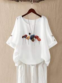 EMERY ROSE Plus Floral Print Roll Up Sleeve Blouse - White - View 1