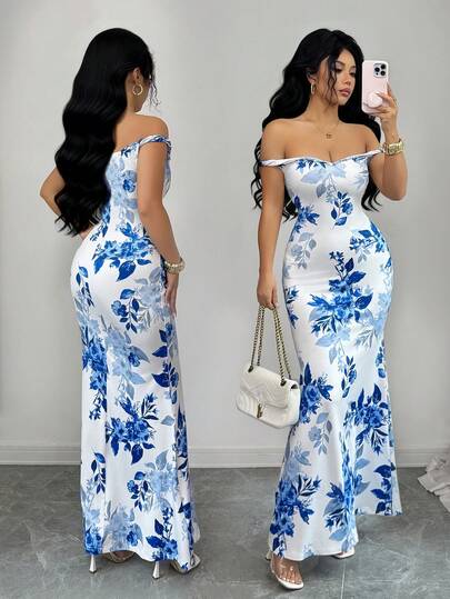 Elenzga Women's Sleeveless Ditsy Floral Bodycon Fishtail Dress, Elegant And Fashionable, Suitable For Beach, Date, Vacation, Blue And White Ditsy Floral, Versatile Long Dress