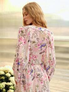 MOTF PREMIUM WOMEN'S ROMANTIC LOOSE LONG SLEEVE SHIRT WITH FLORAL PRINT, SPRING/SUMMER - Baby Pink - View 9