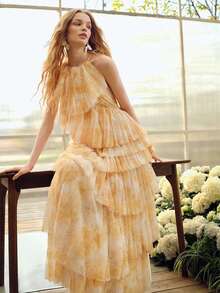 MOTF PREMIUM VESTIDO DE MUJER CON VOLANTES MULTICAPA EN EL BAJO, ESTILO ROMÁNTICO, PRIMAVERA/VERANO - Amarillo - Ver 8