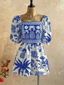 Soleia 大码女式方领蓝色手绘花卉印花泡泡袖短袖连体裤，春季 - 藍白色 - 查看 6