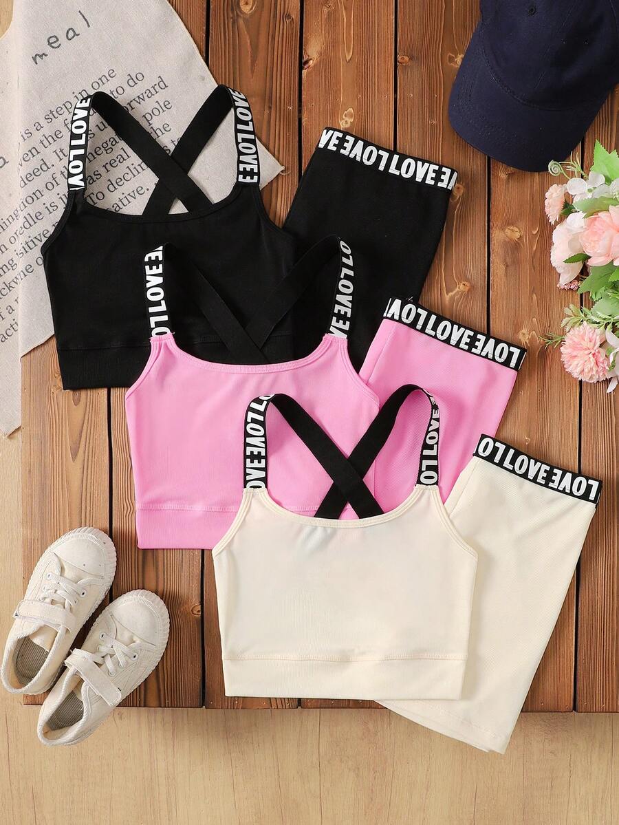 SHEIN Tween Girls Letter Print Criss-Cross Back Sleeveless Summer Activewear - Multicolor - View 1