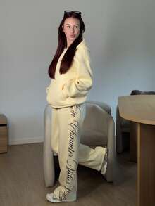 Abrilcols Women's Letter Print Hoodie And Sweatpants Yellow Knit Tracksuit Set, Autumn/Winter,Street Wear - Yellow - View 1