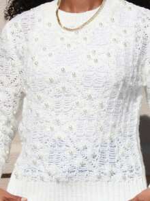 Steph T 女士纹理珍珠白色重磅毛衣，冬季时尚圆领针织上衣 - 白色 - 查看 4