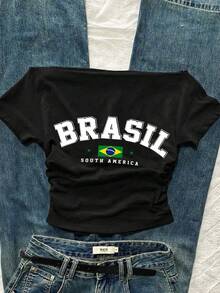 Attitoon Letter Graphic Off Shoulder Tee - Black - View 3