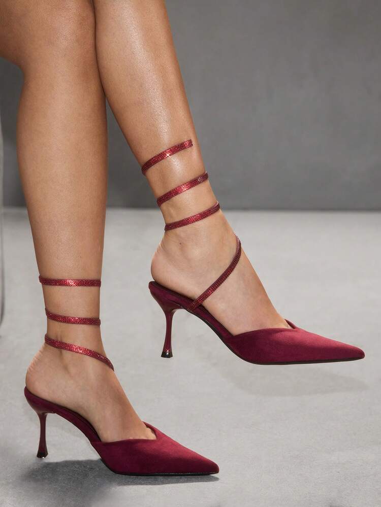 CUCCOO SZL Women's Pointed Toe Black Suede Sexy Snake-Shaped Rhinestone Wrapped Strap Fashionable Date Night Stiletto High Heel Sandals Spring Shoes - Burgundy - View 3