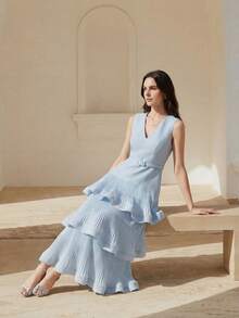 Anewsta 春夏新款浪漫端庄V领收腰喇叭下摆优雅派对连衣裙 - 淺藍色 - 查看 3