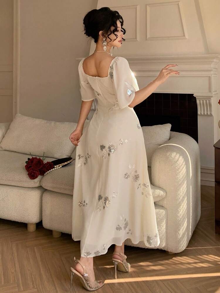 Women's Elegant Floral Sequin Decor Square Neck Ruffle Sleeve Dress, Summer,Wedding Guest Dress Women Sundress