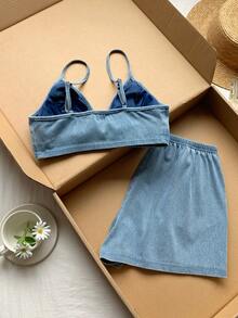 Comfortcana 女士休闲度假牛仔吊带背心和短裤套装 - 深色水洗藍 - 查看 2