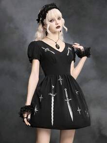 ROMWE Spring/SummergraphicGothic Style Meteor Hammer, Sword, Chain, Fork, Print Women Short Dress, Spring/Summer - Black - View 6