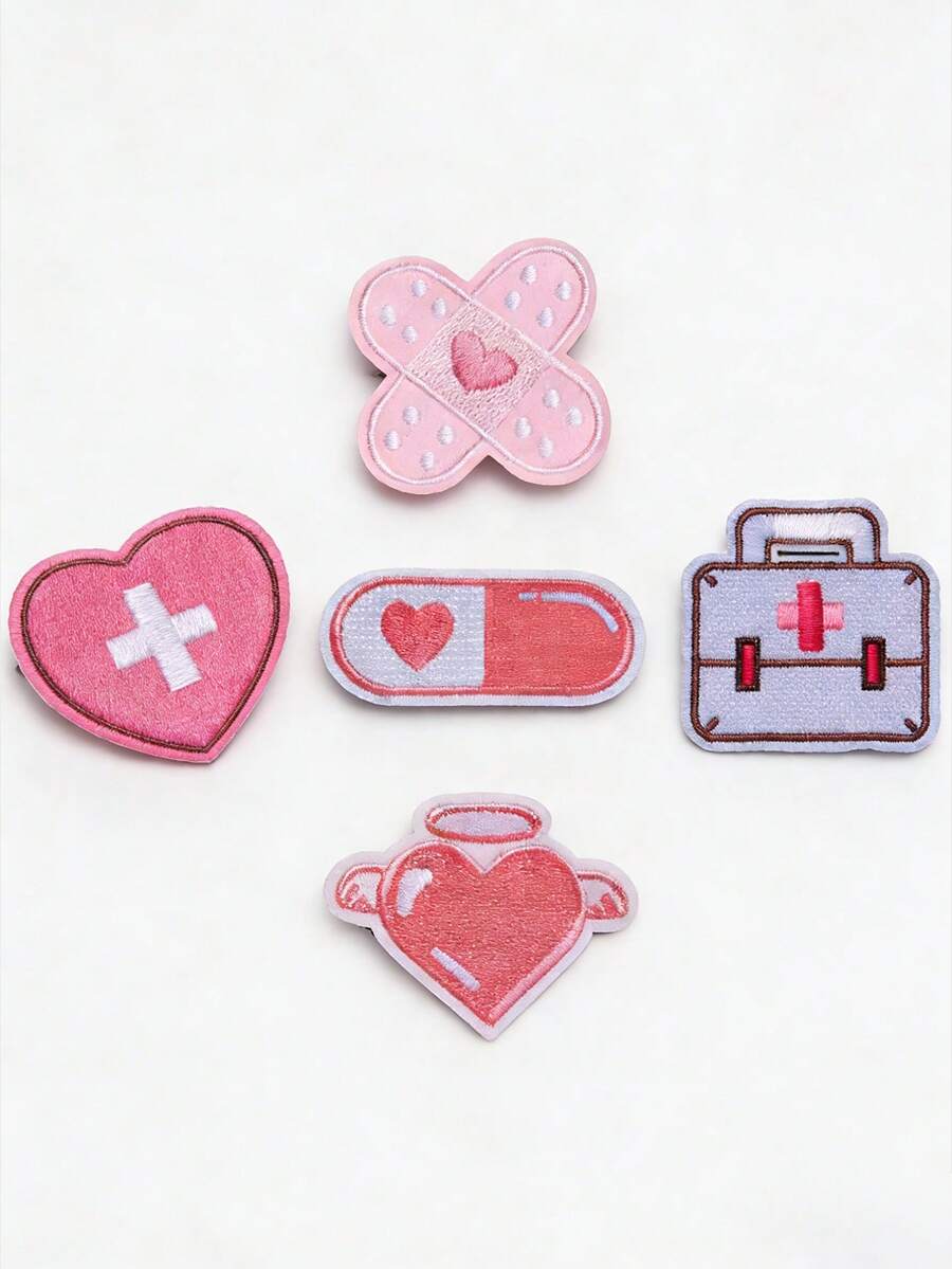 ROMWE Kawaii 5个随机Y2K创可贴、爱心元素发夹、可爱撞色二维鸭嘴夹、洛丽塔小发夹组合。 - 彩色 - 查看 1