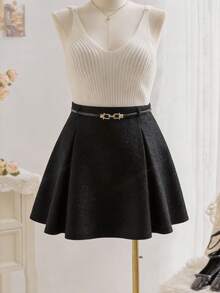 SHEIN MOD Váy ngắn xếp ly cạp thấp kẻ caro đỏ đen cỡ lớn, kèm 2 thắt lưng da, váy dự tiệc, trang phục nữ. - màu đen - Xem 5