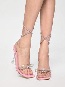 ROMWE Kawaii Women's Pink Rhinestone Embellished Bow Knot High Heeled Sandals With Strappy And Buckle, Peep-Toe, Great For Summer And Fall Parties Valentines - Pink - View 2