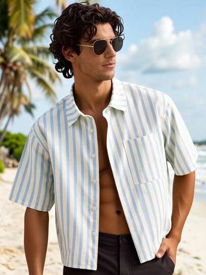 HIMLAND Men's Striped Short Sleeve Single-Breasted Casual Pocket Shirt, Men's Striped Camp Collar Short Sleeve Shirt, Vintage Style Vertical Stripe Beach Top, Breathable Linen Summer Shirt Men, Relaxed Fit Vacation Button Down Shirts, Blue White Stripe Resort Wear For Men, Casual Lapel Neck Bowling Shirt, The Summer Essential: Men's Relaxed Fit Striped Camp Collar Shirt For Beach & Resort, Men Shirts