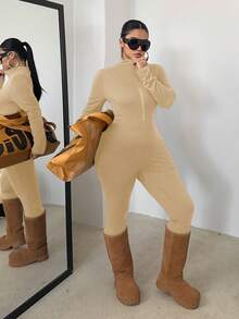 POPSWAY 加大码黑色长袖连体裤，前拉链，腰部收紧，修身剪裁，纯色，百搭，日常穿着 - 卡其色 - 查看 1