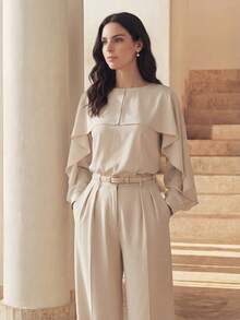 Anewsta 女士休闲百搭荷叶边装饰套头衫，现代优雅简约OL衬衫 - 米色 - 查看 3