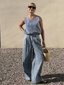 DAZY Women's Casual Denim Vest And Pants Set - Blue - View 7