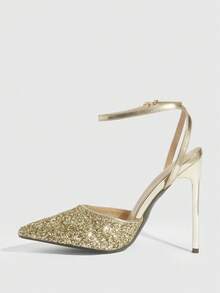 CUCCOO SZL 女鞋尖头细高跟金色亮片踝带露跟女鞋简约优雅时尚性感派对宴会夜店女高跟鞋 - 格力特淺金44 - 查看 9