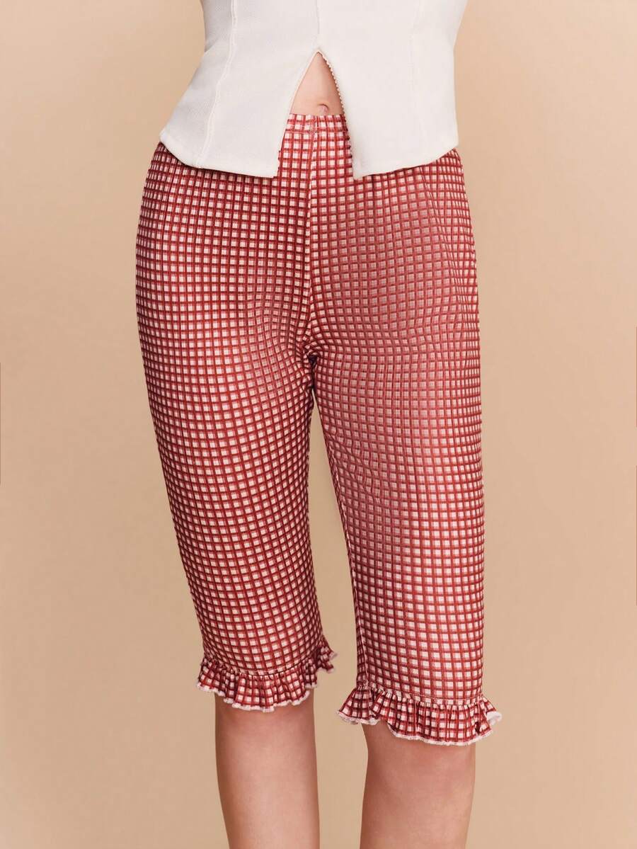 lacRébo Low-Rise Black Jacquard Knit Capri Pants With White Floral Pattern And Ruffle Details Cute Style - Black - View 1