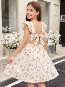 SHEIN Vestido informal para niña preadolescente con cuello cuadrado, volantes en el bajo y estampado floral diminuto - Amarillo - Ver 8