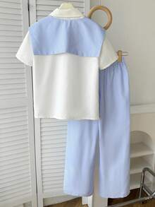 少女宽松休闲简约舒适翻领衬衫和裤子套装 - 彩色 - 查看 2